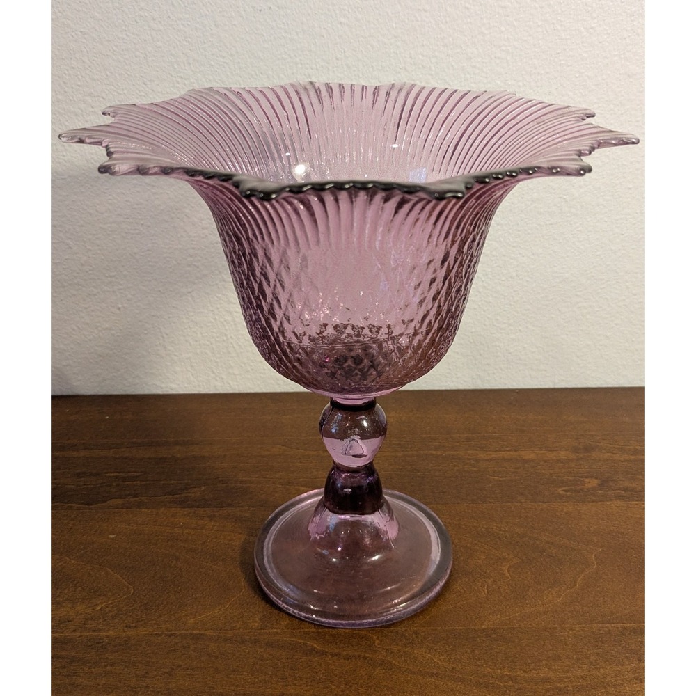 Vintage Amethyst Purple Pressed Glass Pedestal Compote Bowl - 8.5" Tall